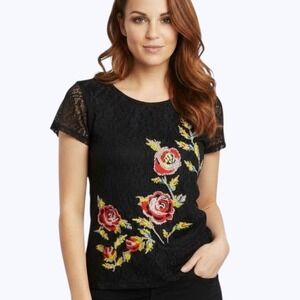Candies Black Lace Embroidered Rose Short Sleeve Keyhole Top Womens Small